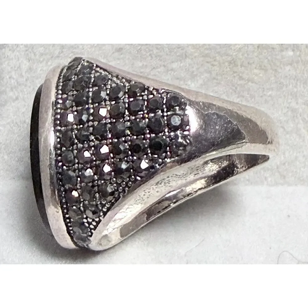 Black Stone Statement Ring Size 8 Silver Tone Pavé Cocktail Ring